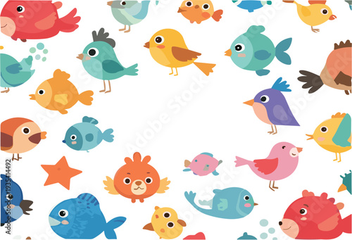 Cute colorful birds and fish cartoon characters collection with sea animals and flying birds playful vector illustration set
