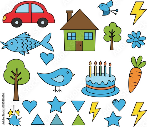 Cute doodle everyday objects and nature elements vector set with car house fish bird cake trees hearts shapes