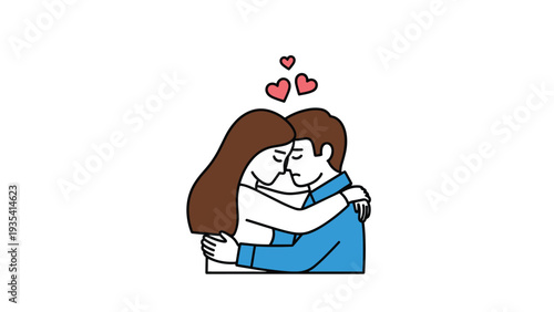 Simple vector illustration of a man and woman sharing a warm embrace with small pink hearts above their heads.