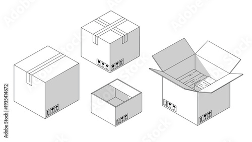 Set of isometric cardboard shipping boxes in various sizes showing both closed packages and open empty containers.
