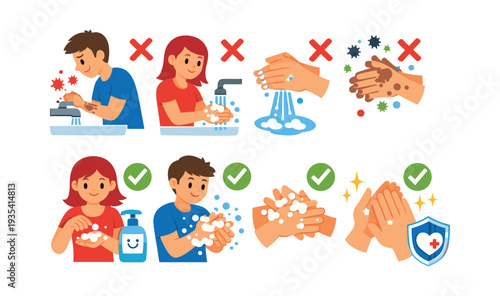 People demonstrating correct and incorrect hand washing methods with soap and water to remove germs, ensuring personal hygiene and health protection