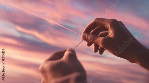Sky Dance of Thread: A pair of hands delicately manipulates a crimson thread against a breathtaking backdrop of a sunset-painted sky, an image that evokes themes of patience.
