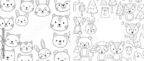Cute forest animals outline collection with cats rabbits bears and woodland trees hand drawn doodle vector illustration set