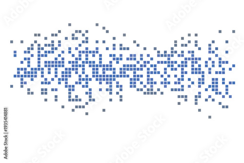 Strong blue square pixels combine to create a bold digital gradient wave flowing across a clean white backdrop