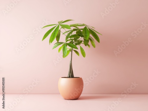 Soft pink wall behind a potted plant. Green leaves spread from a slender trunk. Round terracotta pot holds the plant. Minimalist composition with clean lines. Even lighting enhances natural colors