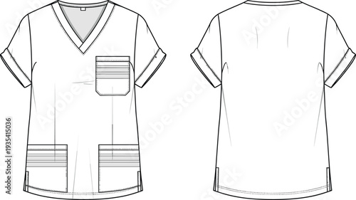 Medical scrub top mockup, front and back view, v neck uniform shirt template isolated on white background