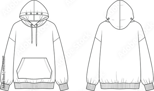 Blank hoodie sweatshirt mockup, front and back view, pullover hooded sweater template isolated on white background vector illustration