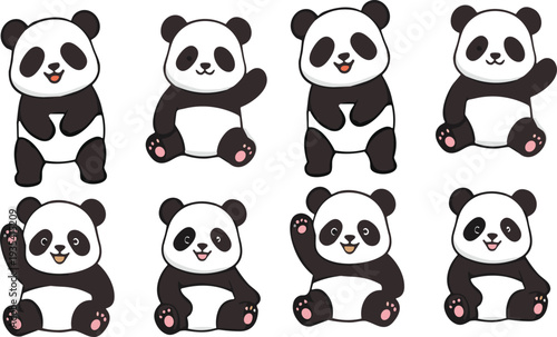 Cute panda cartoon vector set featuring adorable baby pandas sitting and waving isolated on white background in flat style