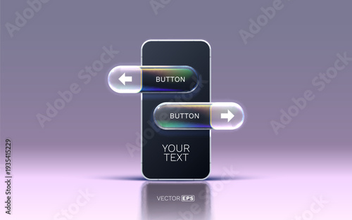 Modern smartphone with futuristic glass UI buttons.
