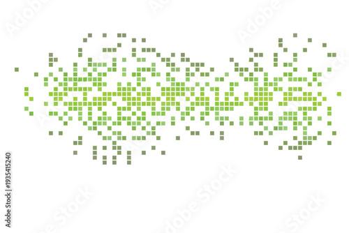 Vibrant lime green and olive squares create a pixelated cloud pattern across a clean white space