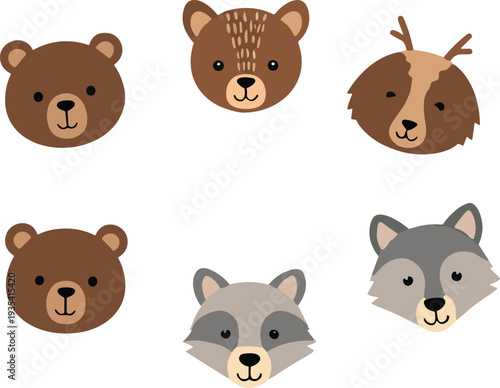 Cute woodland animal faces collection with bear raccoon wolf and deer cartoon character icons forest wildlife vector illustration