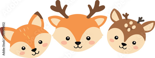 Cute woodland animal faces with fox and deer cartoon characters adorable forest wildlife vector illustration for kids design