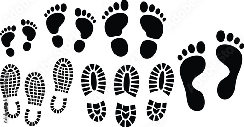 Black Silhouette Footprints and Shoe Prints on White Background Keywords: footprint, footstep, shoe print, sole, imprint, track