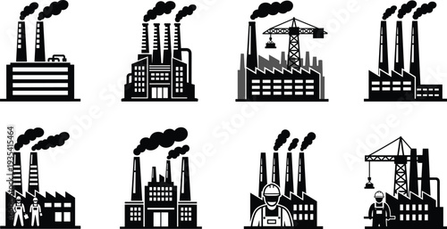 Power Station, Smoke Stacks, Warehouse Building, and Construction Worker for Engineering Business Graphics