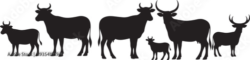 Black silhouette set of five farm animals standing in profile on a white background, minimal outline