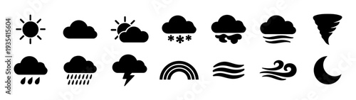 Weather Icon Set – Sun Cloud Rain Snow Wind Storm Forecast Silhouette Symbols Collection