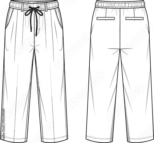 Wide leg sweatpants mockup, front and back view, drawstring waistband casual pants template isolated on white background