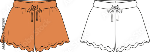 Fashion illustration of women’s shorts featuring scalloped hemline, drawstring waistband with bow detail, front pleats, shown in burnt orange color and black‑and‑white line drawing variation