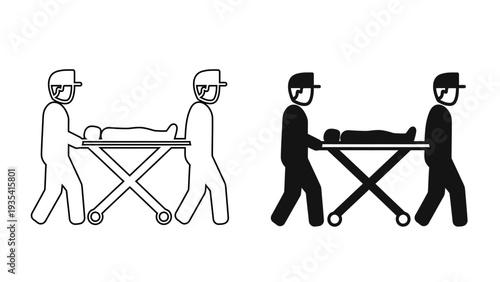 Paramedics Carrying Patient on Stretcher Icon, Medical Emergency Rescue Team Symbols in Line and Glyph Style