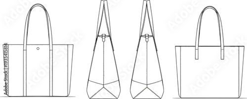 Tote bag mockup set, front back and side view, blank shopping handbag template isolated on white background