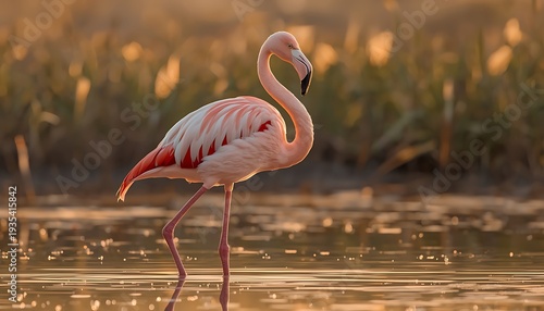 Flamingo in Wetland at Sunset
