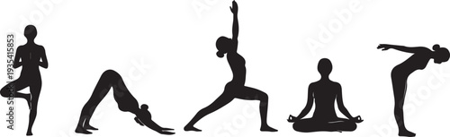 Black silhouette set of five yoga poses of a woman on a white background, minimal outline.