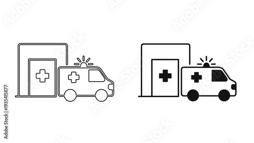 Ambulance at Hospital Emergency Entrance Icon Linear and Solid Medical Transport Symbols
