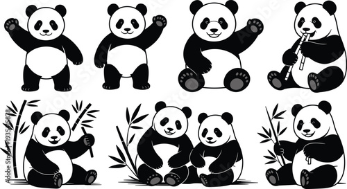 Collection Of Eight Panda Bear Illustrations In Various Poses With Bamboo animal wildlife