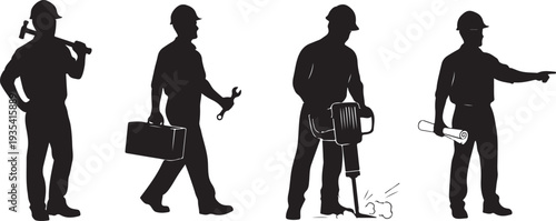 Black silhouette set of four construction workers with tools on a white background, minimal outline