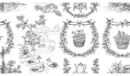 Romantic Countryside Kitchen Toile Pattern with Ducks River and Floral Motifs Seamless Vector