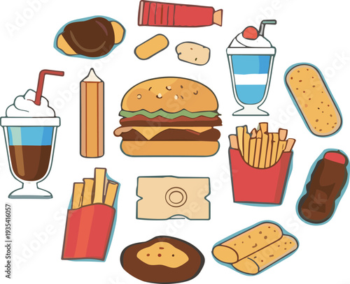 Fast food meal collection with hamburger french fries soda milkshake cheese nuggets and snacks cartoon vector illustration set