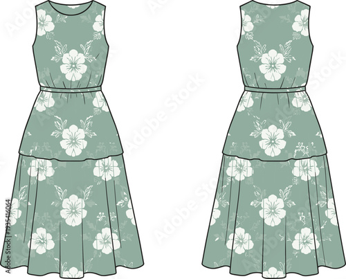 Fashion illustration of sleeveless floral dress featuring fitted bodice, cinched waistline, tiered flared skirt, and botanical pattern with large white flowers on muted green background