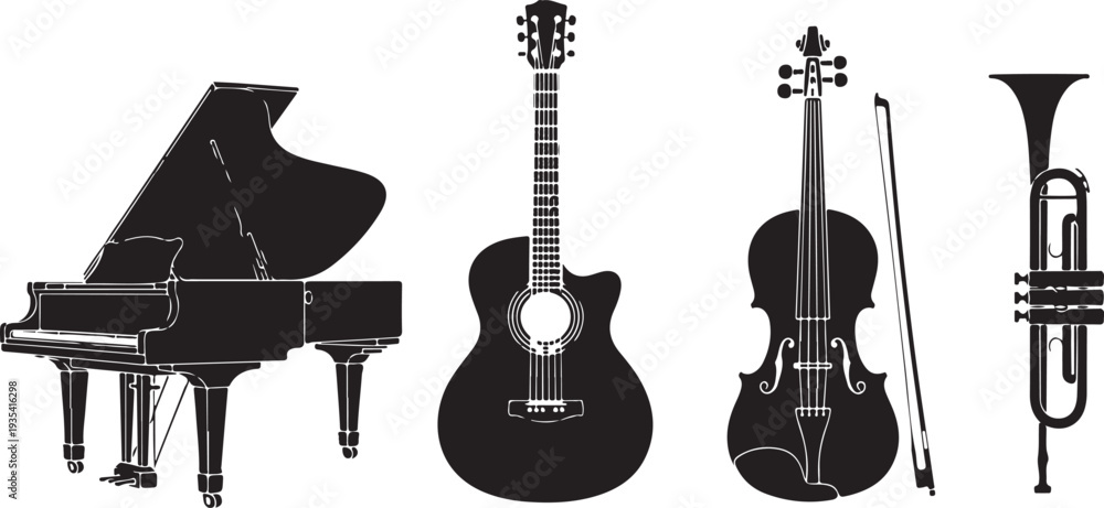 Fototapeta premium Black silhouette set of four traditional musical instruments on a white background, minimal outline.