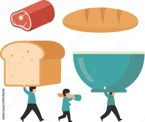Food and bakery vector illustration with bread loaf toast meat bowl and tiny people carrying oversized ingredients