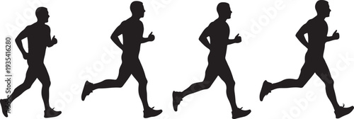 Black silhouette set of four running poses of a man on a white background, minimal outline.