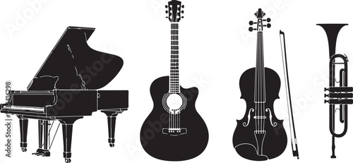 Black silhouette set of four traditional musical instruments on a white background, minimal outline.
