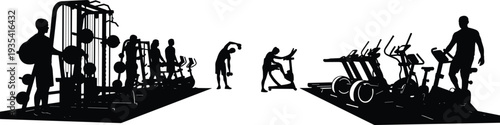 People Training on Treadmill, Weightlifting, Stationary Bike, and Exercise Equipment for Health Club and Wellness Design