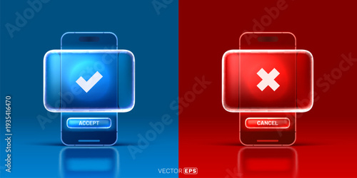 Smartphone UI showing decision process with accept and cancel.