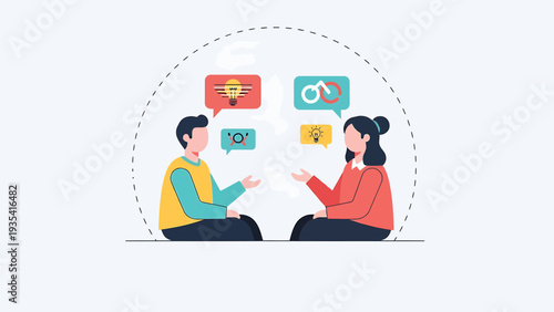 Two people communicating with speech bubbles and icons representing ideas and conversation