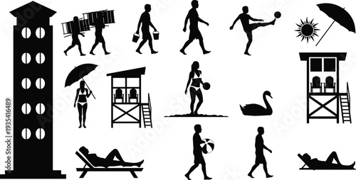 People Sunbathing, Playing Ball, Lifeguard Tower, Summer Vacation Elements, Tropical Resort Graphics, and Coastal Holiday Icon
