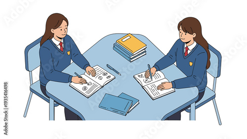 Two schoolgirls studying together at a desk, wearing uniforms.