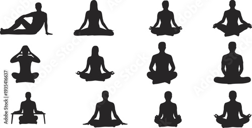 Yoga meditation silhouettes set with men and women sitting in lotus pose mindfulness relaxation isolated on white background vector