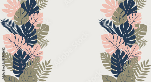 Elegant tropical foliage border vector background design with exotic leaves in soft pastel colors, perfect for summer invitations, web graphics, or decorative prints