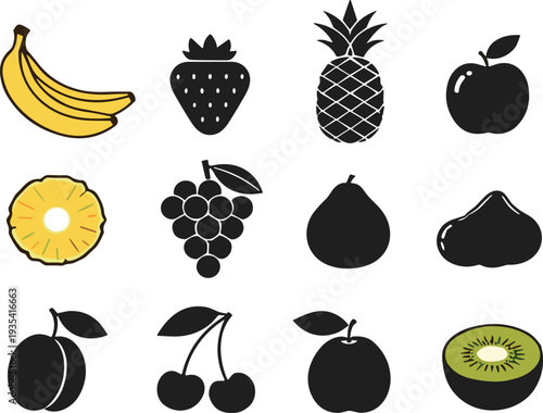 Fruit icons collection with banana strawberry pineapple apple grape cherry kiwi and pear flat silhouette vector illustration set