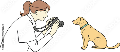 Female photographer taking a professional picture of a sitting dog in a minimalist flat vector illustration style isolated on a white background