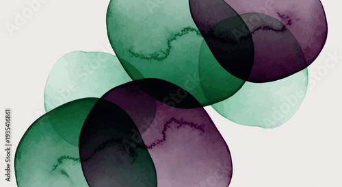 Abstract watercolor shapes and organic forms in harmonious shades of green and purple, creating a serene and modern artistic background