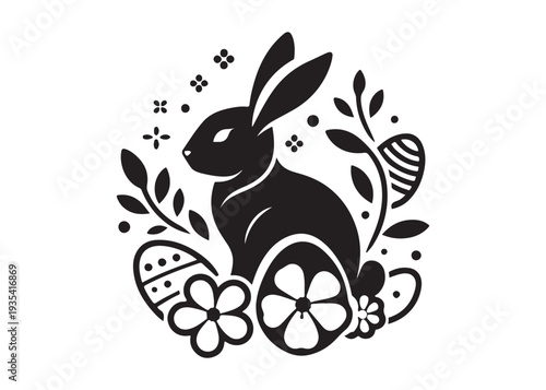 easter bunny eggs and flowers logo silhouette, easter eggs silhouette vector illustration,  decorative pattern logo silhouette, easter bunny eggs and floral logo silhouette design on white background