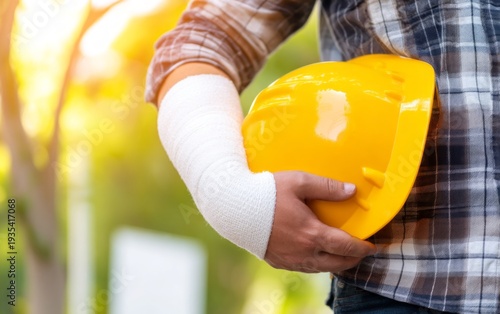 Injured Construction Worker with Arm Cast Holding Helmet