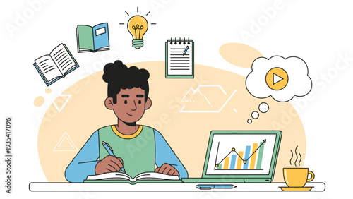 Young student learning online, studying with laptop, books, and coffee