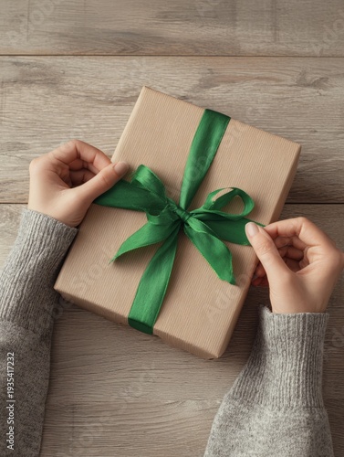 Hands hold gift wrapped in brown paper. Green ribbon tied in neat bow. Wooden table surface beneath. Warm tones create cozy mood. Soft sweater sleeves visible